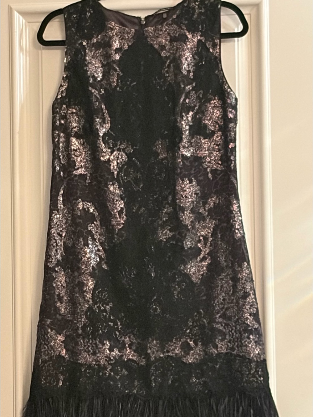 Elie Tahari Black Lace Shift Top with Rose-Gold Metallic Accents and Fringe